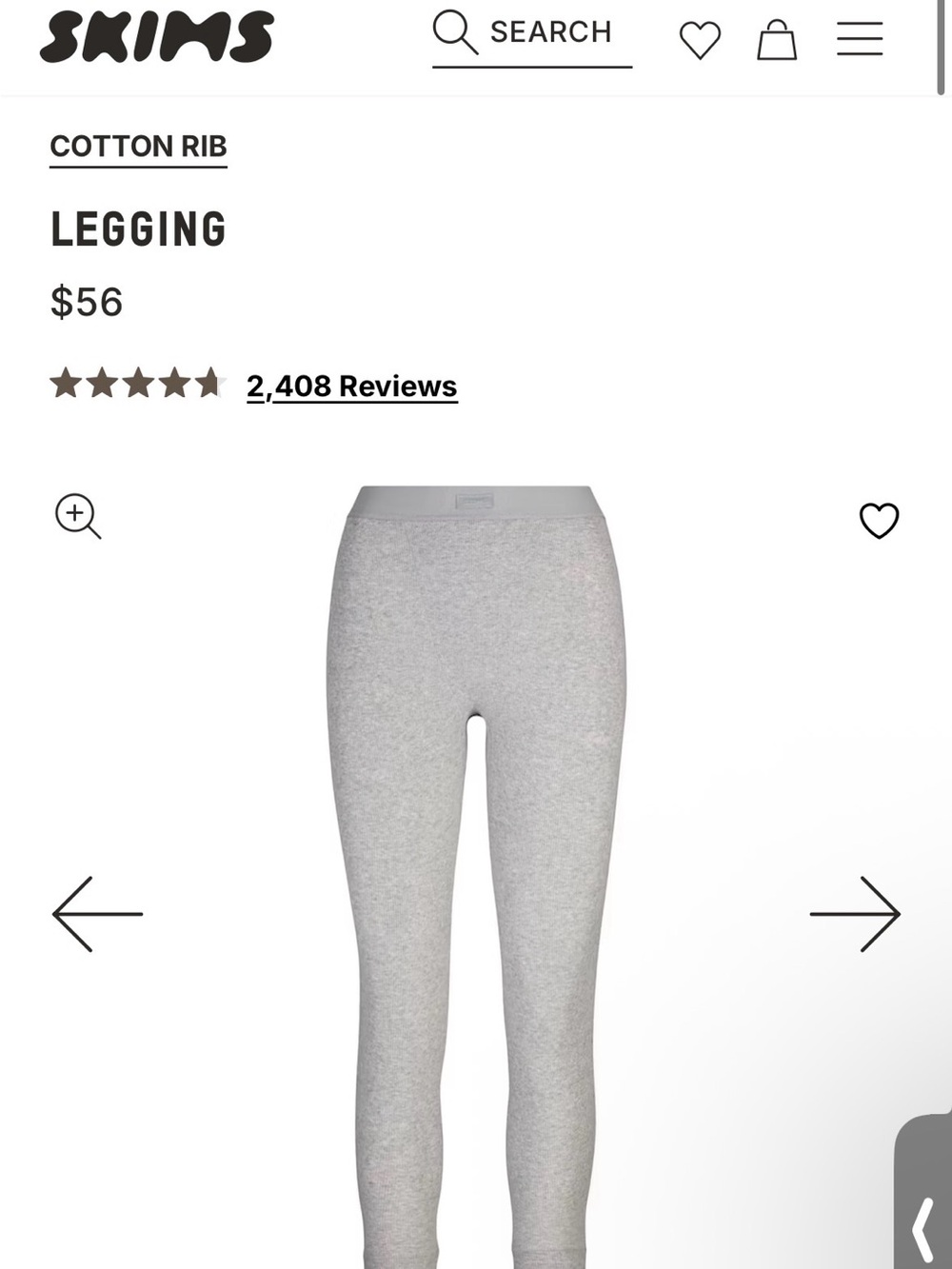 Skims Cotton Rib Leggings in Light Gray
